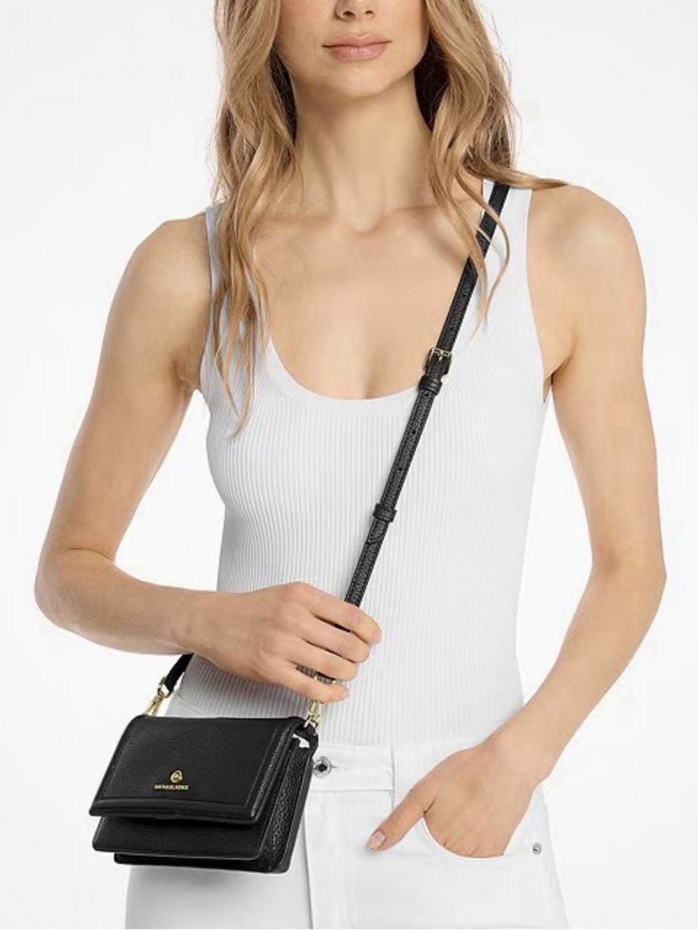 Michael Kors Black Leather Mini Crossbody Wallet with Gold Hardware